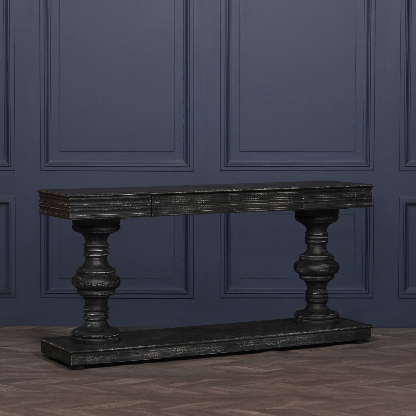 Maison Reproductions 180cm Black Distressed Console Table with Drawers - KFA146