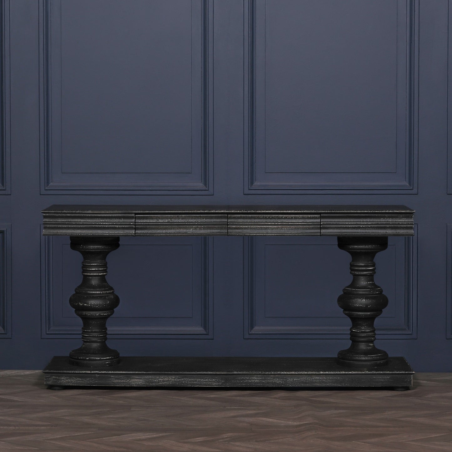 Maison Reproductions 180cm Black Distressed Console Table with Drawers - KFA146