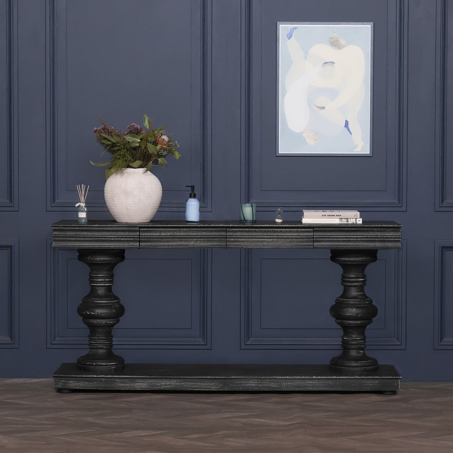 Maison Reproductions 180cm Black Distressed Console Table with Drawers - KFA146