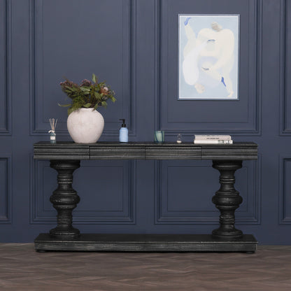Maison Reproductions 180cm Black Distressed Console Table with Drawers - KFA146