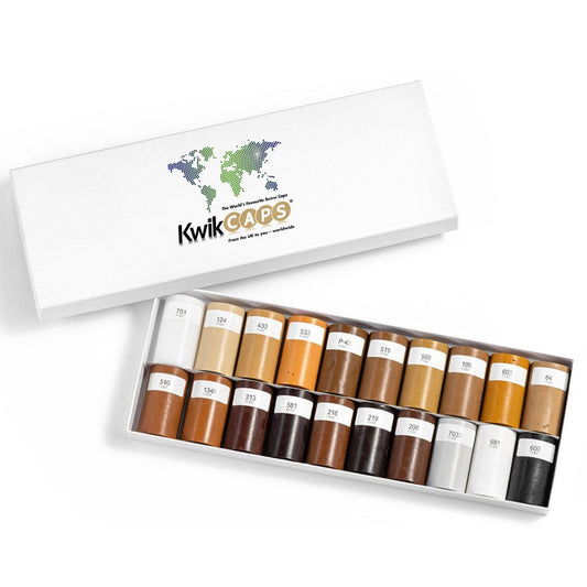 Set of 20 Dark Kwik Caps Wax Furniture Repair Crayons Colours Box on a white background