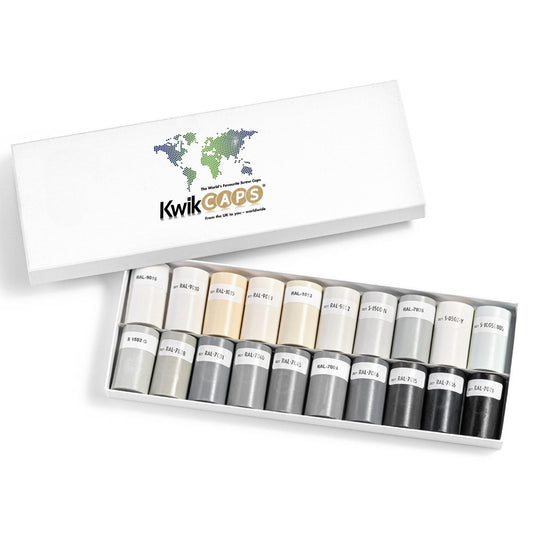 Set of KwikCAPS caps in a box with a visible brand logo on a white background