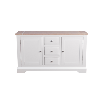 A white 2 door 3 drawer sideboard with a wooden top.