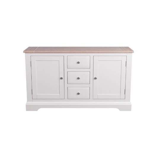 A white 2 door 3 drawer sideboard with a wooden top.