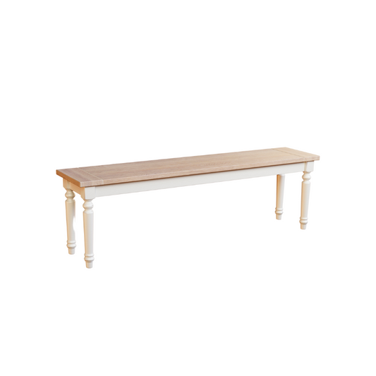 A white dining bench with a wooden seat and turned legs.