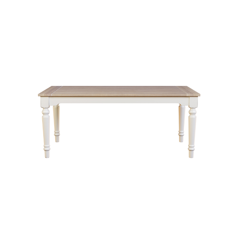 A rectangular white dining table with a wooden top and decorative legs.