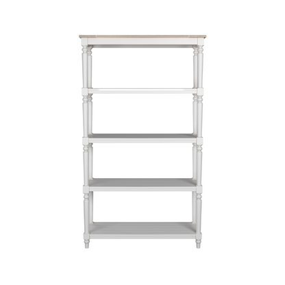A white open bookcase with four shelves, featuring a wooden top and metal frame with a classic design.