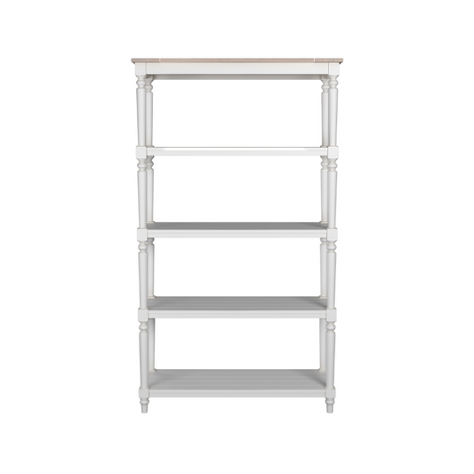 A white open bookcase with four shelves, featuring a wooden top and metal frame with a classic design.