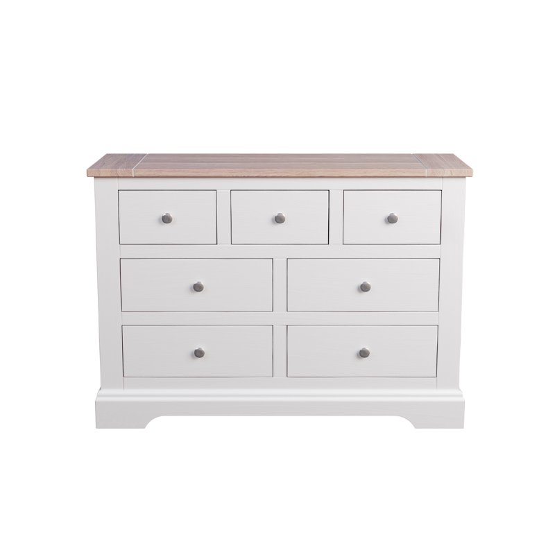 A white Laura Ashley Dorset 3+4 Drawer Chest with a wooden top against a white background