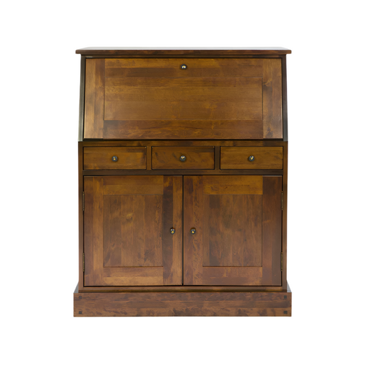 A dark chesnut brown Garrat 2 door 3 drawer bureau with a compact design, featuring a desk with drawers and a cabinet beneath.