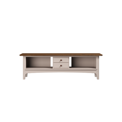 Wooden TV stand with a white base on a white background