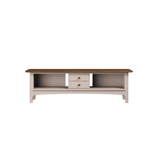 Wooden TV stand with a white base on a white background