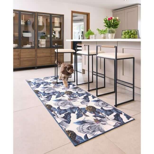 Eco-Washable Blue Rug Floral Design Non-Slip