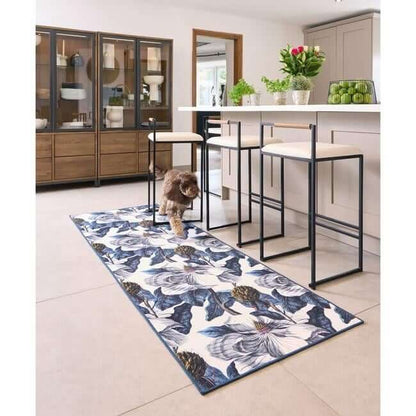 Eco-Washable Blue Rug Floral Design Non-Slip