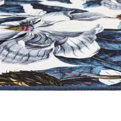 Eco-Washable Blue Rug Floral Design Non-Slip