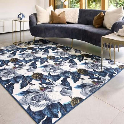 Eco-Washable Blue Rug Floral Design Non-Slip