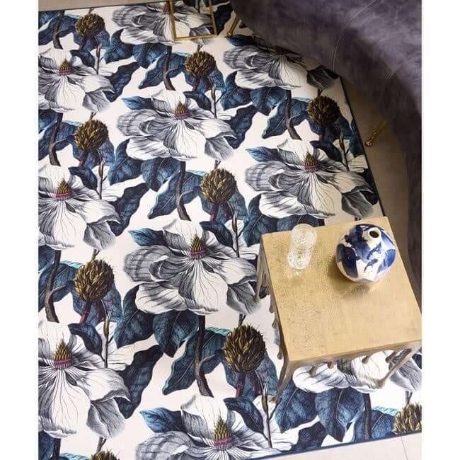 Eco-Washable Blue Rug Floral Design Non-Slip