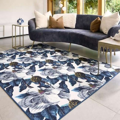 Eco-Washable Blue Rug Floral Design Non-Slip