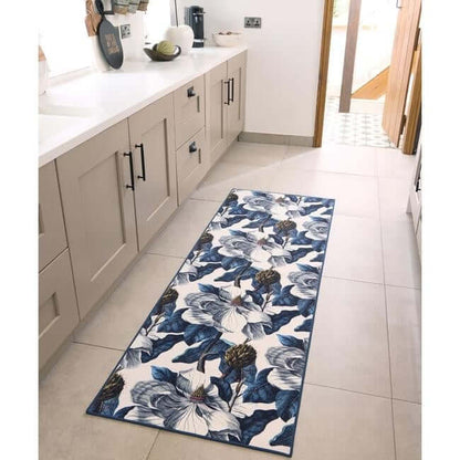 Eco-Washable Blue Rug Floral Design Non-Slip