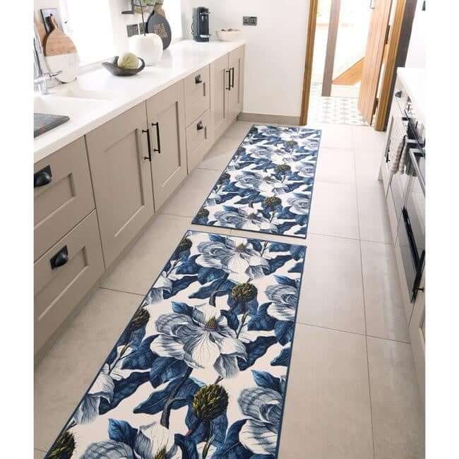 Eco-Washable Blue Rug Floral Design Non-Slip