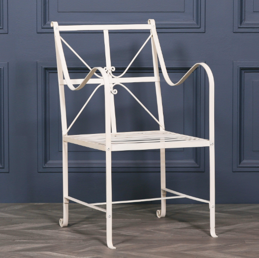 [Set of 2] Maison Reproductions Iron Frame Off White / Cream Distressed Garden Dining Chairs - GDN350