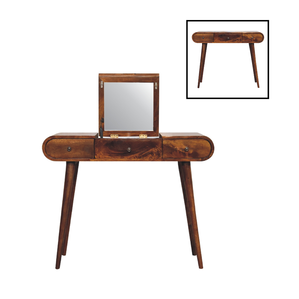 Front-facing view of a mid-century wooden dressing table with three drawers, fold-out mirror open, rounded edges, and slim tapered legs.