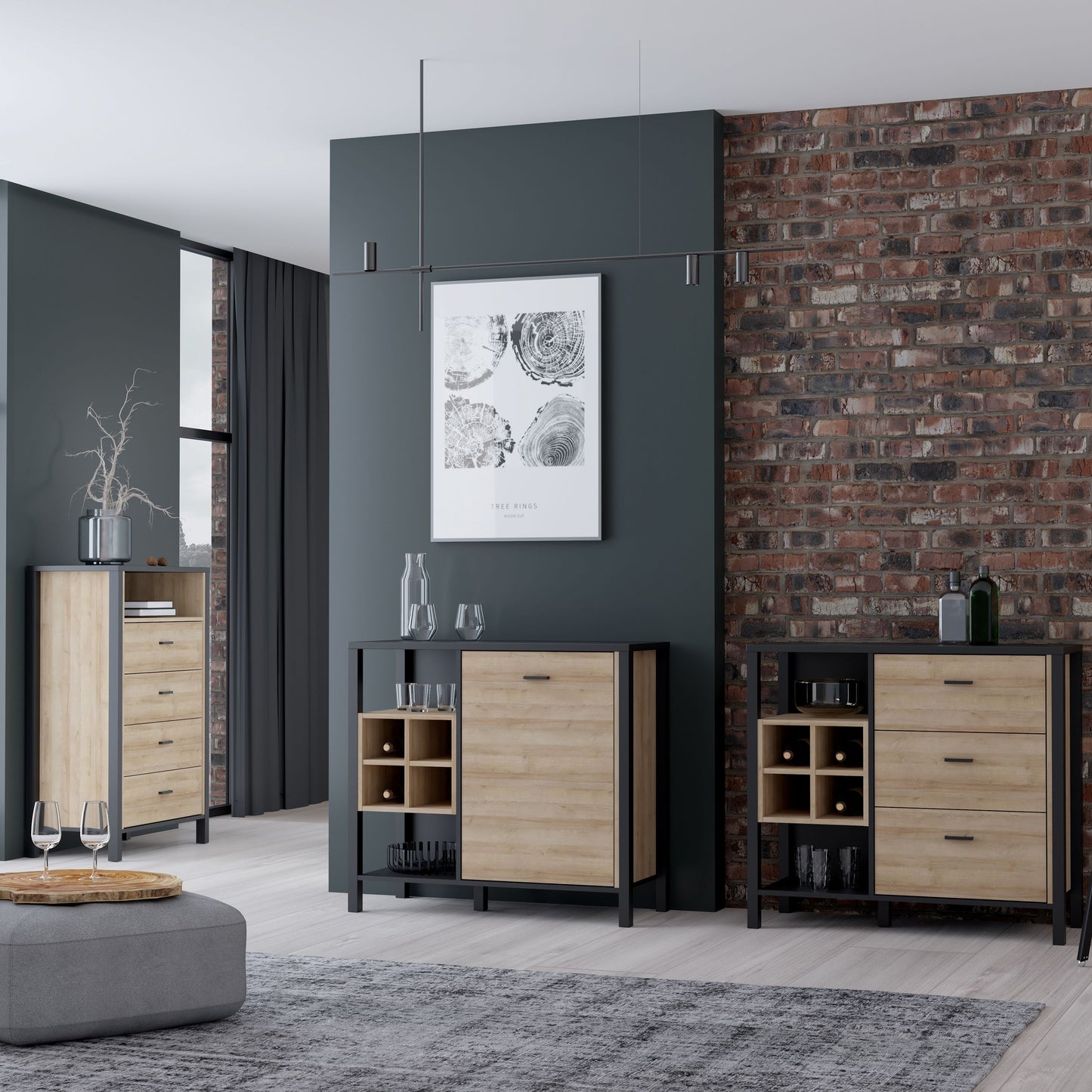Matt Black Riviera Drinks Cabinet Storage Display Chest in Oak