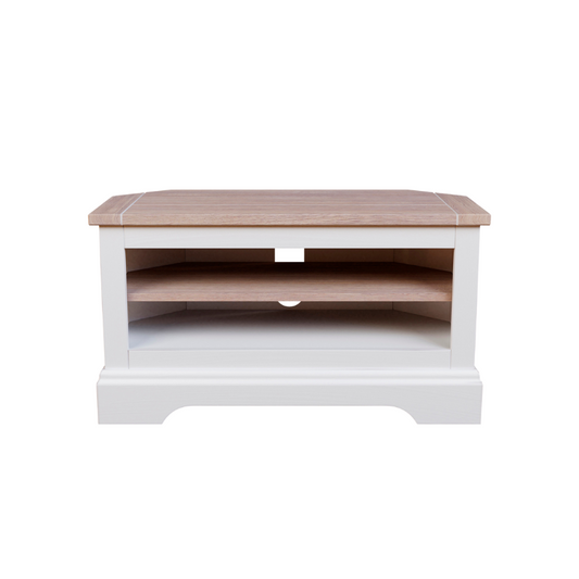 A white corner TV unit with a wooden top and open shelf below.