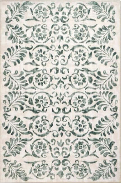 Eco-Washable Beige and Green Rug Floral Design Non-Slip