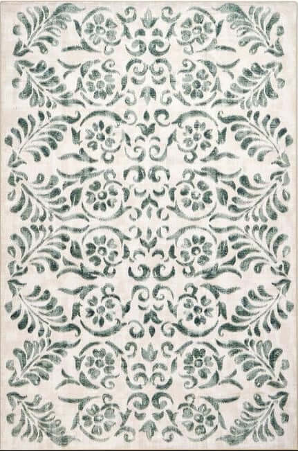 Eco-Washable Beige and Green Rug Floral Design Non-Slip