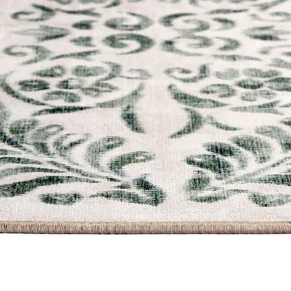 Eco-Washable Beige and Green Rug Floral Design Non-Slip
