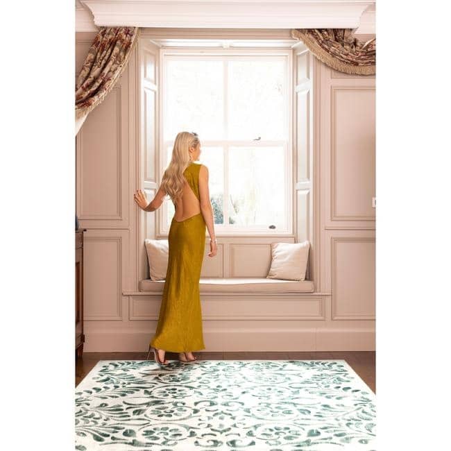 Eco-Washable Beige and Green Rug Floral Design Non-Slip