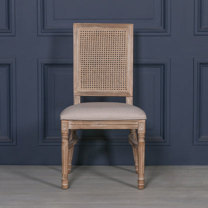 [Set of 2] Maison Reproductions Wooden Louis Upholstered Square Rattan Back Dining Chairs - WDC137