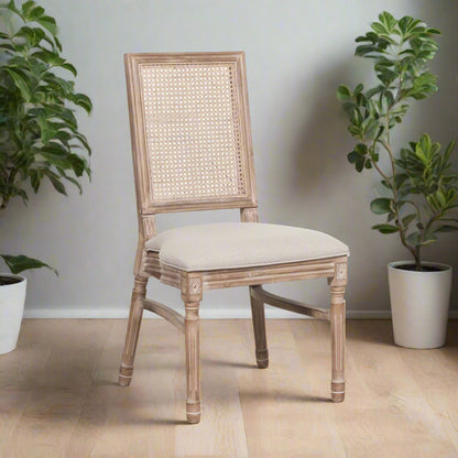 [Set of 2] Maison Reproductions Wooden Louis Upholstered Square Rattan Back Dining Chairs - WDC137
