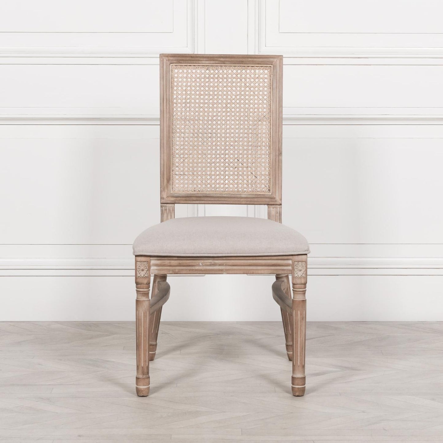 [Set of 2] Maison Reproductions Wooden Louis Upholstered Square Rattan Back Dining Chairs - WDC137