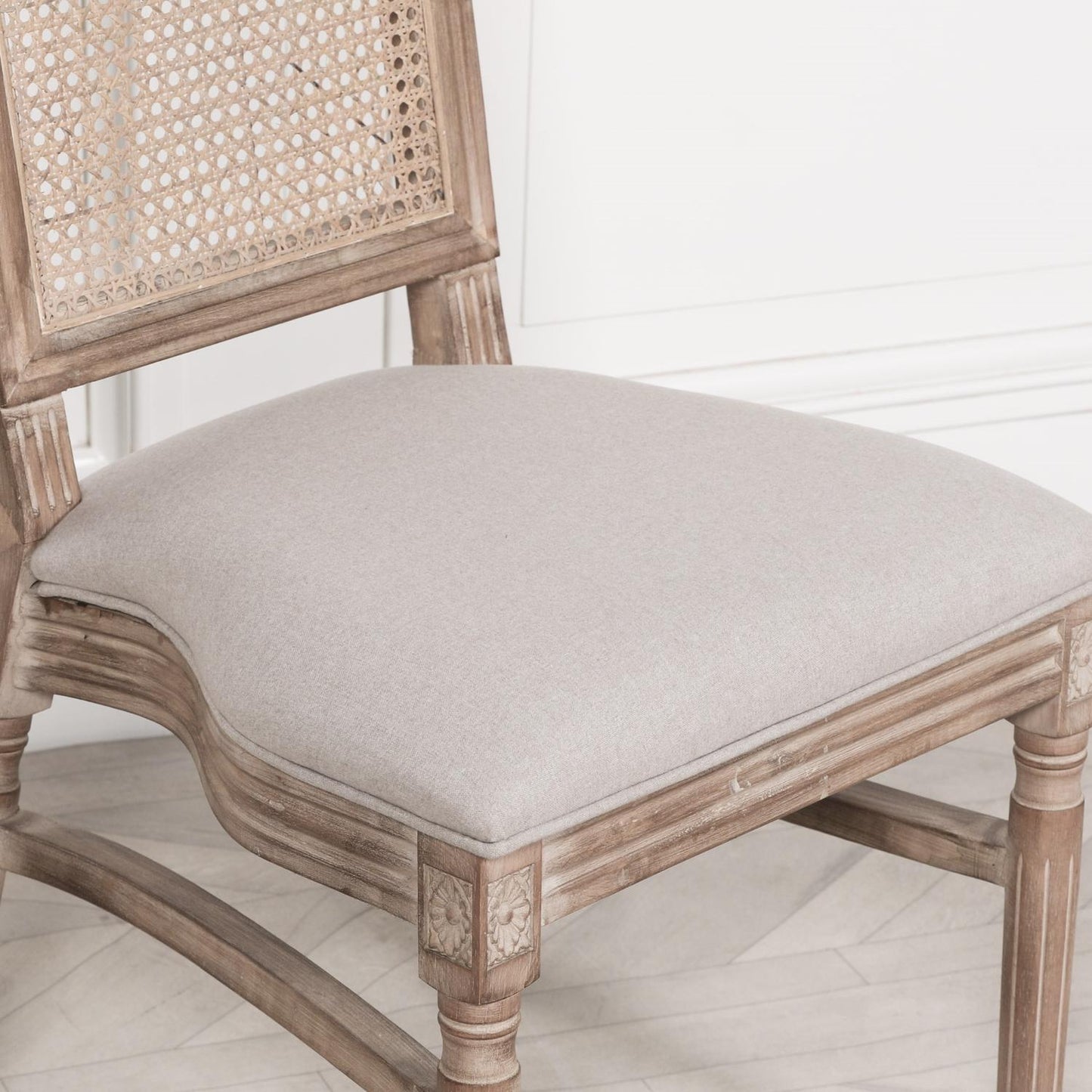 [Set of 2] Maison Reproductions Wooden Louis Upholstered Square Rattan Back Dining Chairs - WDC137