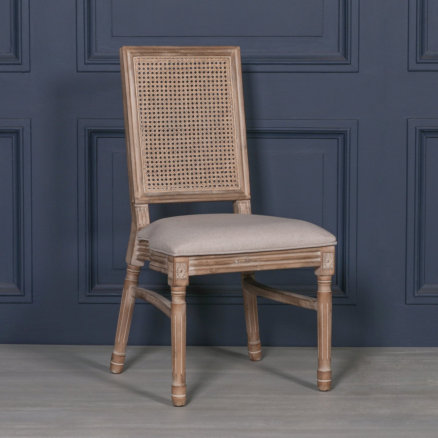 [Set of 2] Maison Reproductions Wooden Louis Upholstered Square Rattan Back Dining Chairs - WDC137