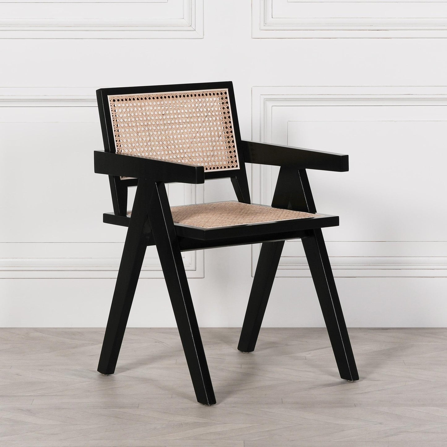 [Set of 2] Maison Reproductions Black Painted Wooden Cane Dining Chairs