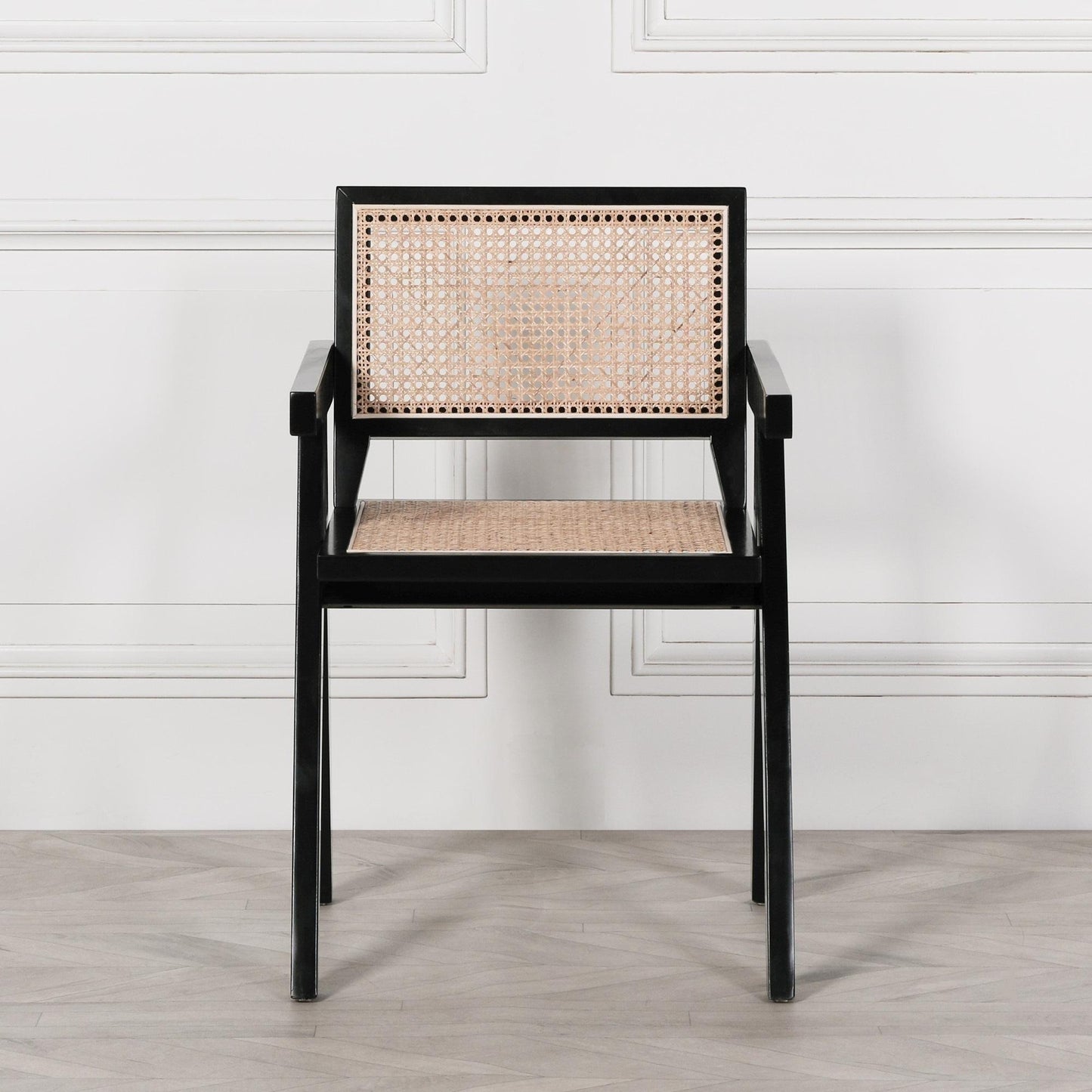 [Set of 2] Maison Reproductions Black Painted Wooden Cane Dining Chairs