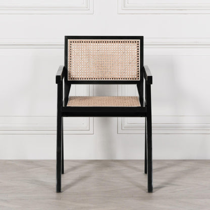 [Set of 2] Maison Reproductions Black Painted Wooden Cane Dining Chairs