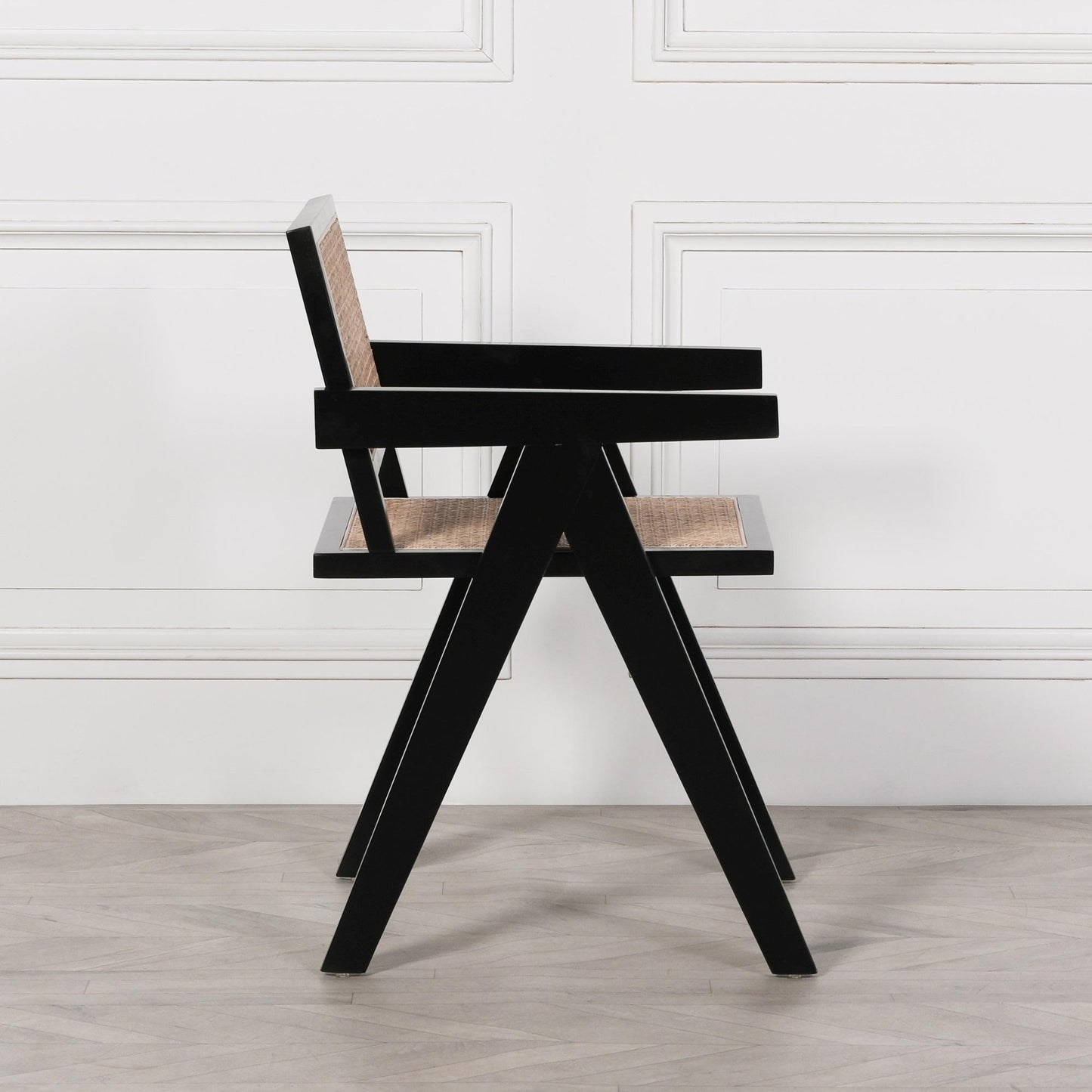 [Set of 2] Maison Reproductions Black Painted Wooden Cane Dining Chairs