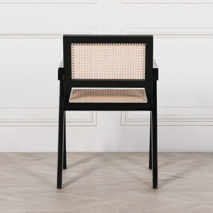 [Set of 2] Maison Reproductions Black Painted Wooden Cane Dining Chairs