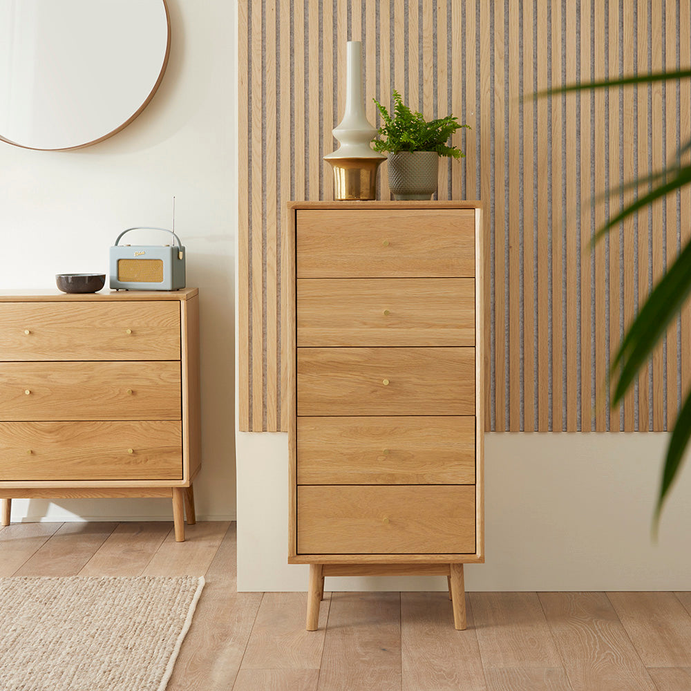 Fishe & Lilly Wright Oak Tallboy Chest of 5 Drawers