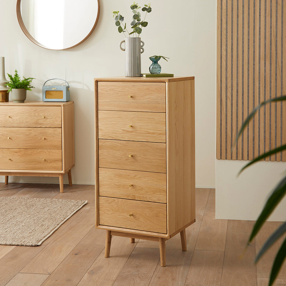 Fishe & Lilly Wright Oak Tallboy Chest of 5 Drawers