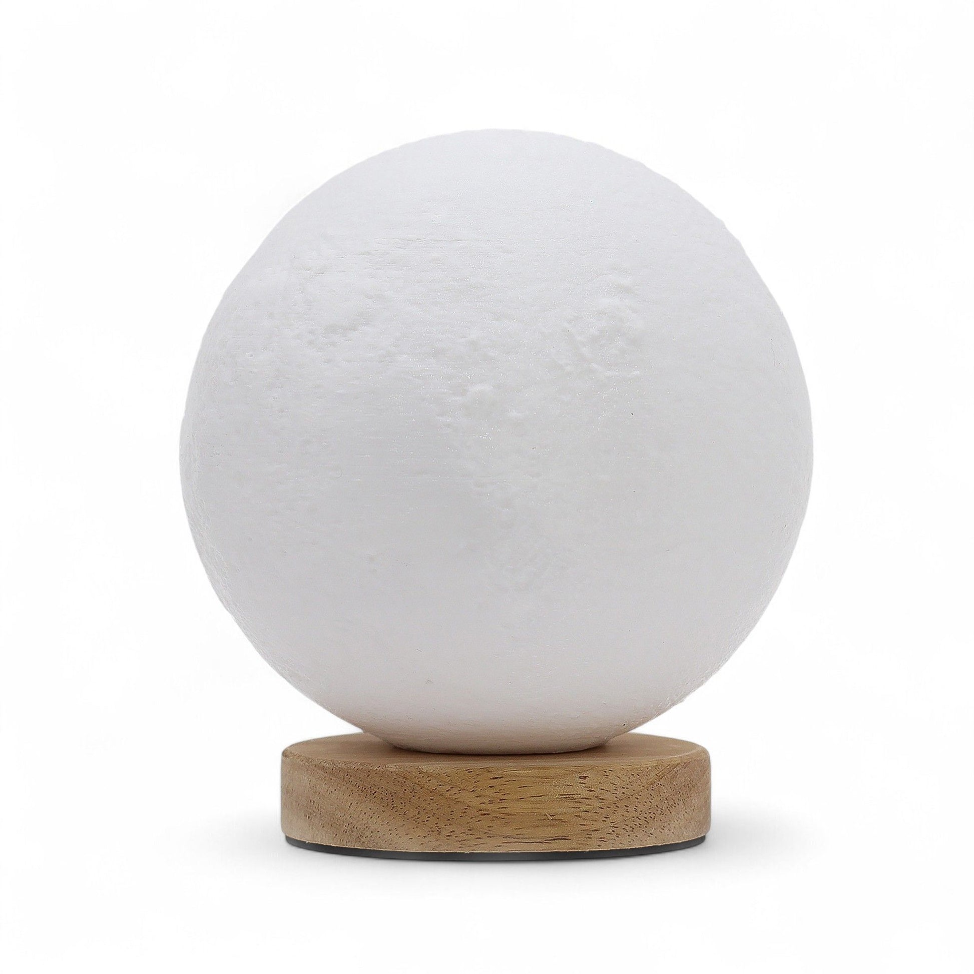 White spherical lamp with wooden base on a white background
