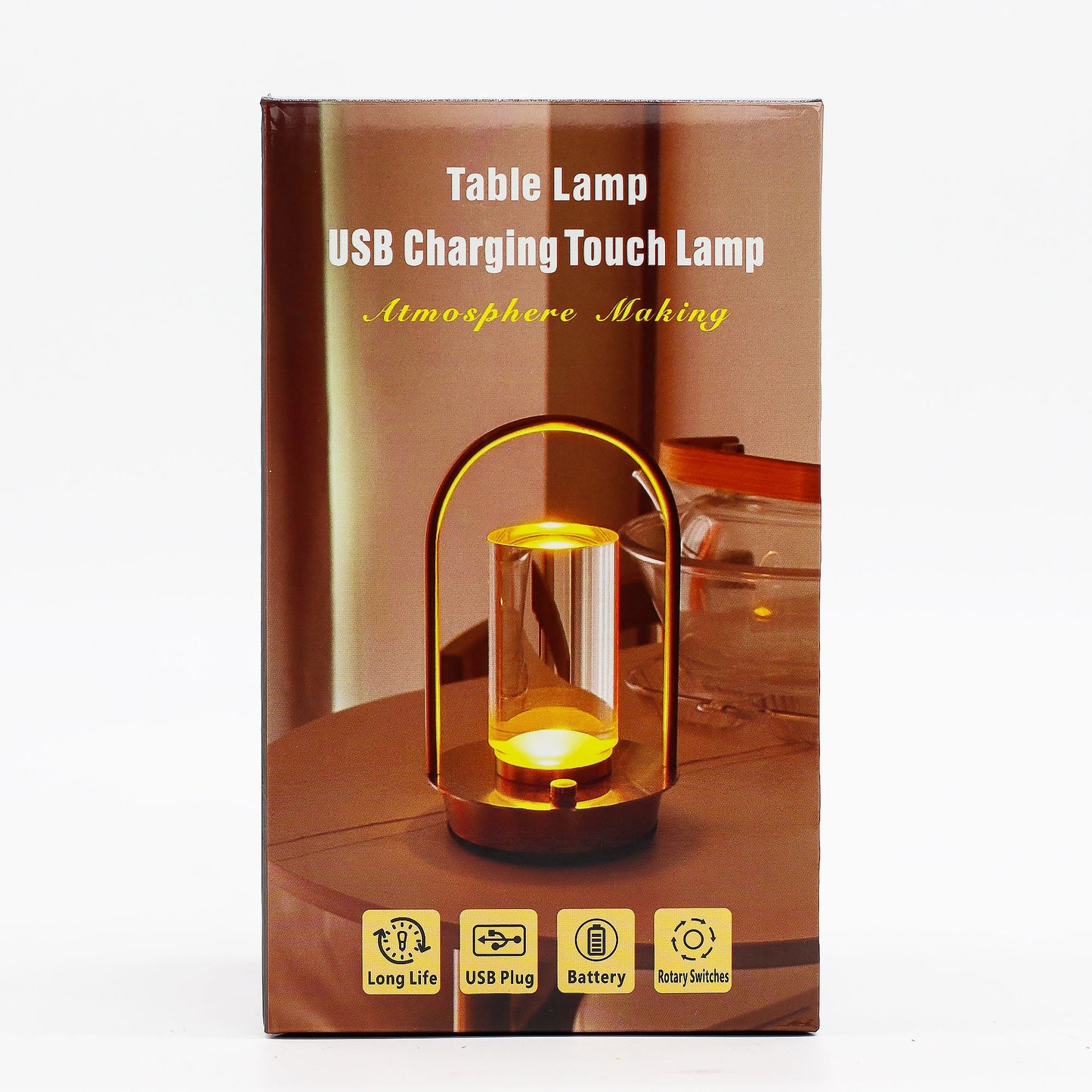 Box for modern lantern-style touch lamp with USB charging and touch control features.