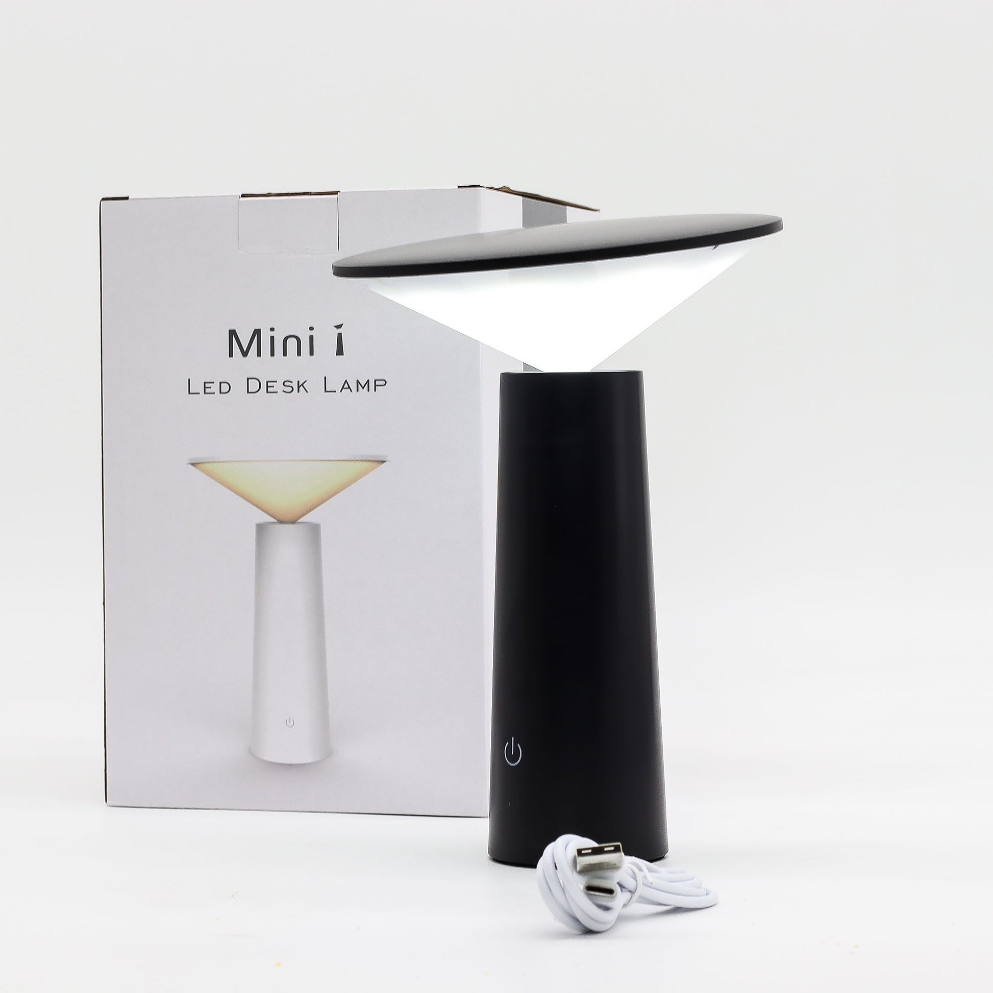 Black LED desk lamp with packaging labeled 'Mini i' on a white background