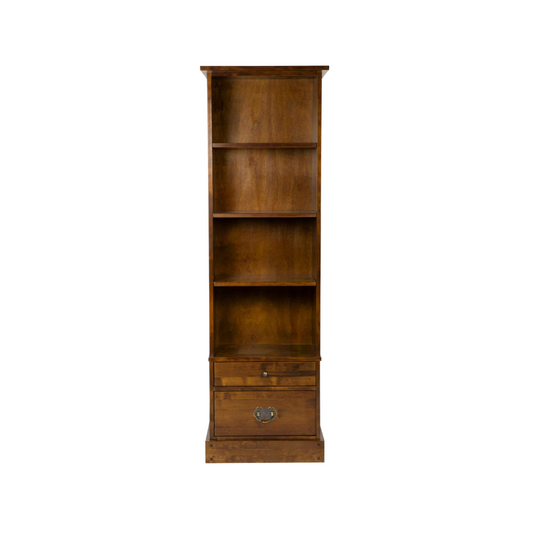 A tall, narrow, dark chestnut brown bookcase with two drawers and three shelves, with a simple, traditional design.