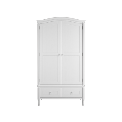 A whitewashed oak wardrobe with two doors and two drawers, part of the Laura Ashley Bramford collection.