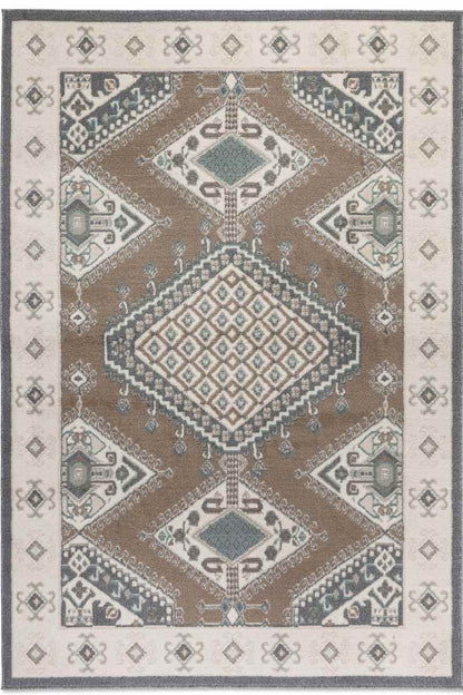 Decorative area rug with geometric pattern on a beige background